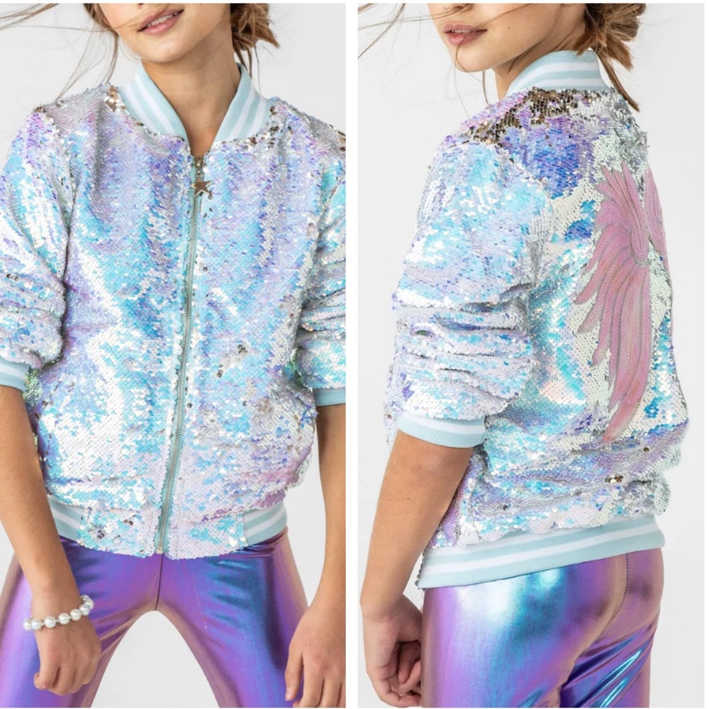 Lola +The Boys Sequin Iridescent Angel Wings Flip Bomber Jacket Size 4